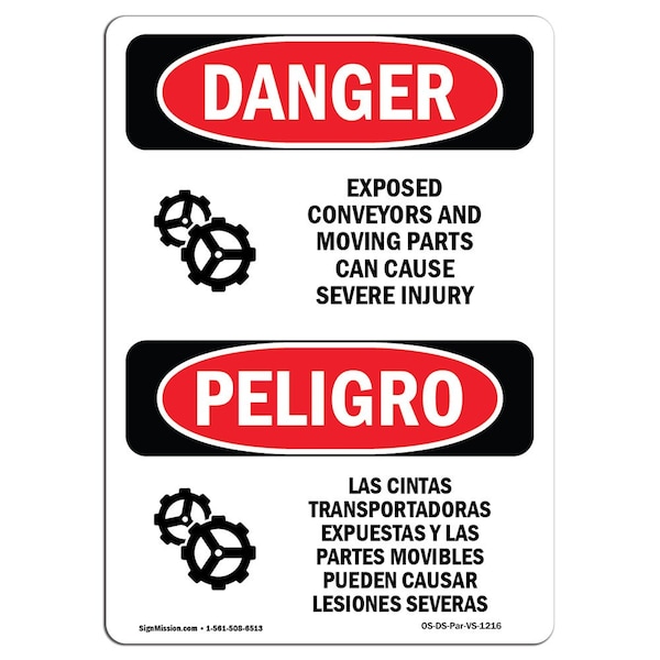 Signmission OSHA, Exposed Conveyors & Moving Parts Bilingual, 10in X 7in Rigid Plastic, 7" W, 10" H, Spanish - OS-DS-P-710-VS-1216