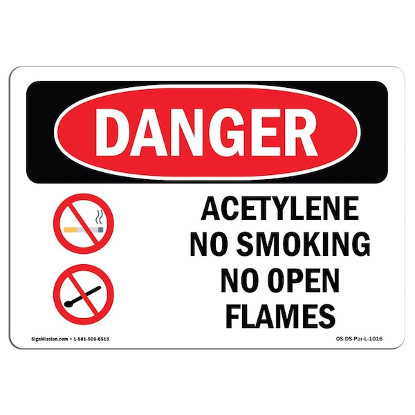 Signmission OSHA Danger, Acetylene No Smoking No Open Flames, 14in X 10in Rigid Plastic, OS-DS-P-1014-L-1016 - OS-DS-P-1014-L-1016
