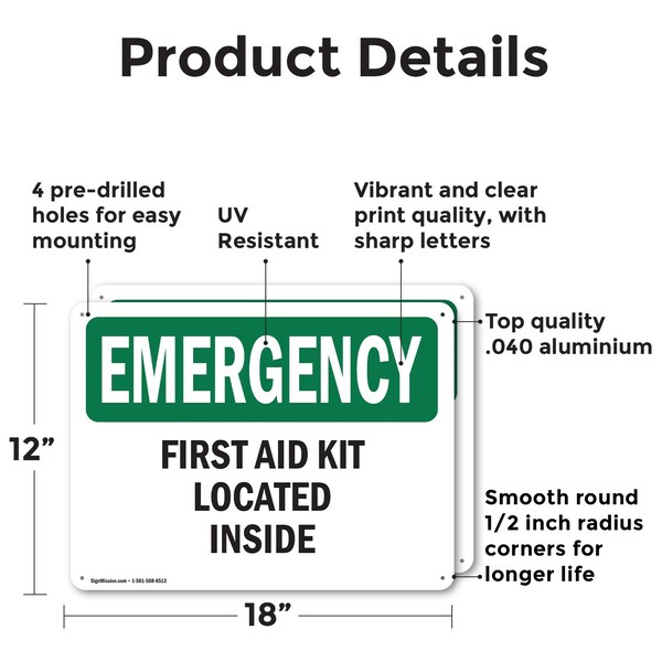 Signmission First Aid Kit Located Inside, 18 in W x Rectangle, Aluminum - OS-2PACK-EM-A-1218-L-10375