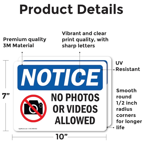Signmission No Photos Or Video Allowed, 10 in W x Rectangle, Vinyl Decal - OS-2PACK-NS-D-710-L-16179