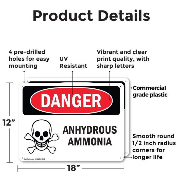 Signmission Anhydrous Ammonia Danger Sign, Plastic, 18in W x 12in L, 2PK - OS-2PACK-DS-P-1218-L-1028