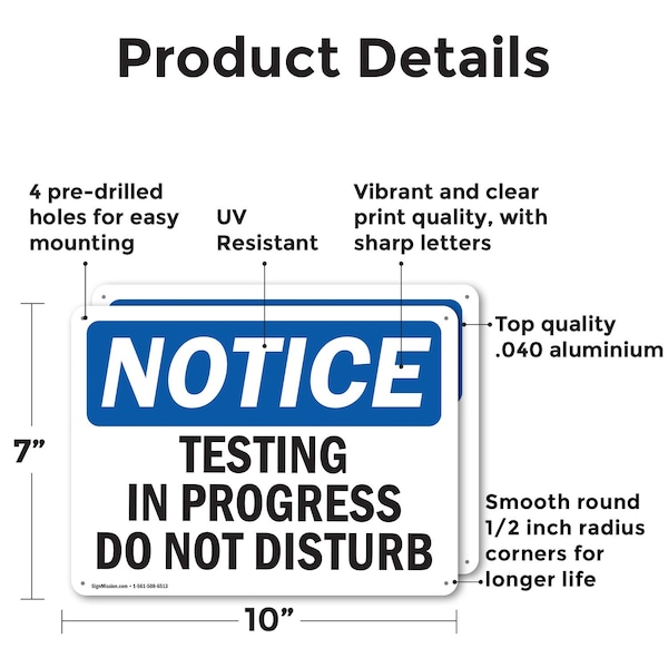 Signmission Testing In Progress Do Not Disturb, 10 in W x Rectangle, Aluminum - OS-2PACK-NS-A-710-L-16648