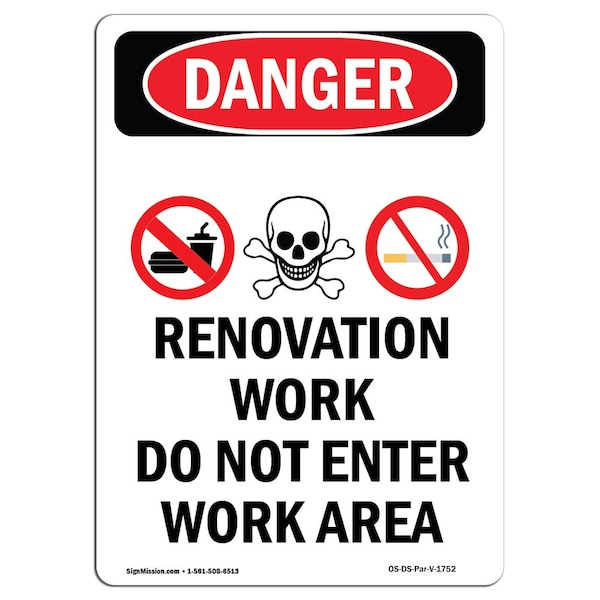 Signmission Safety Sign, OSHA Danger, 14" Height, 14" Length, Aluminum, Renovation Work, Portrait - OS-DS-A-1014-V-1752