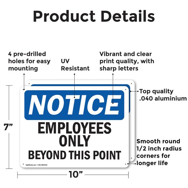 Signmission Employees Only Beyond This Point OSHA Notice Sign, Aluminum, 10in W x 7in L, 2PK - OS-2PACK-NS-A-710-L-15607