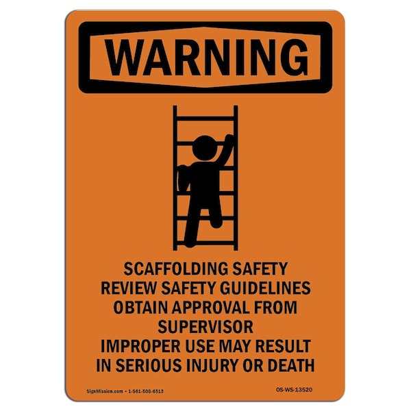Signmission OSHA WARNING Sign, Scaffolding Safety W/ Symbol, 18in X 12in Decal, 12" W, 18" L, Portrait - OS-WS-D-1218-V-13520