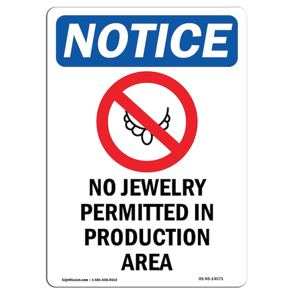 Signmission OSHA Sign, 14" H, Aluminum, No Jewelry Permitted Sign With Symbol, Portrait, 1014-V-14671 - OS-NS-A-1014-V-14671