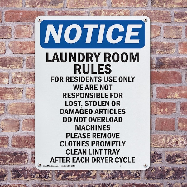 Signmission Laundry Room Rules For Residents, 10 in W x Rectangle, Plastic - OS-2PACK-NS-P-1014-V-13982