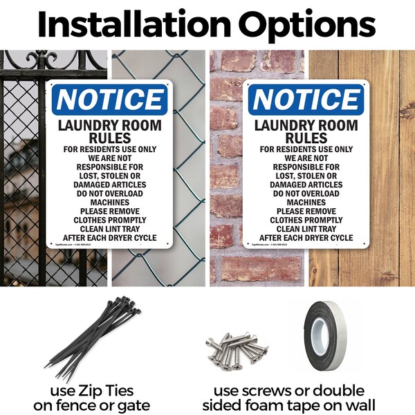 Signmission Laundry Room Rules For Residents, 10 in W x Rectangle, Plastic - OS-2PACK-NS-P-1014-V-13982