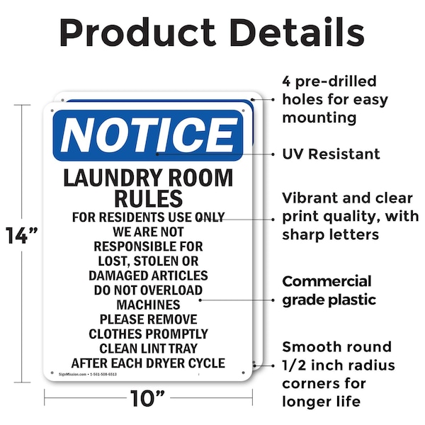Signmission Laundry Room Rules For Residents, 10 in W x Rectangle, Plastic - OS-2PACK-NS-P-1014-V-13982