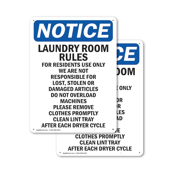 Signmission Laundry Room Rules For Residents, 10 in W x Rectangle, Plastic - OS-2PACK-NS-P-1014-V-13982