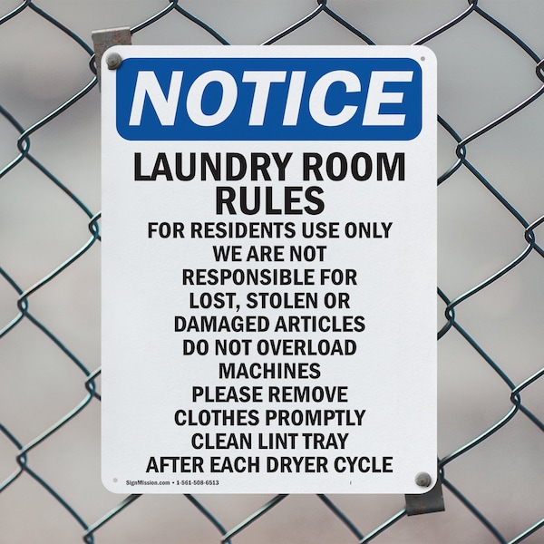 Signmission Laundry Room Rules For Residents, 10 in W x Rectangle, Plastic - OS-2PACK-NS-P-1014-V-13982