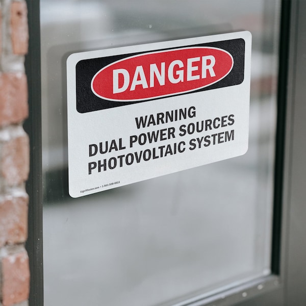 Signmission Warning Dual Power Sources Photovoltaic System Danger Sign, Vinyl Decal, 5in W x 3.5in L, 2PK - OS-2PACK-DS-D-35-L-2304