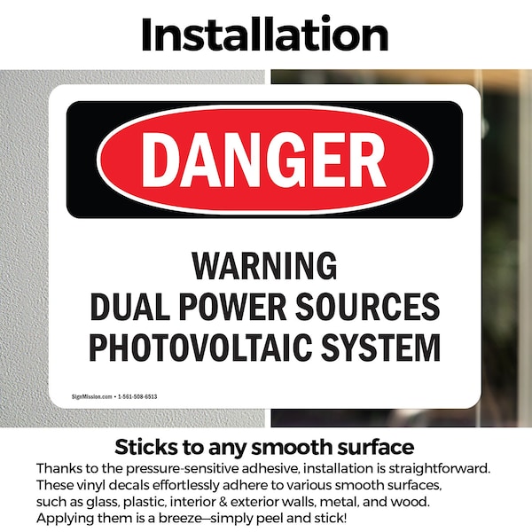 Signmission Warning Dual Power Sources Photovoltaic System Danger Sign, Vinyl Decal, 5in W x 3.5in L, 2PK - OS-2PACK-DS-D-35-L-2304
