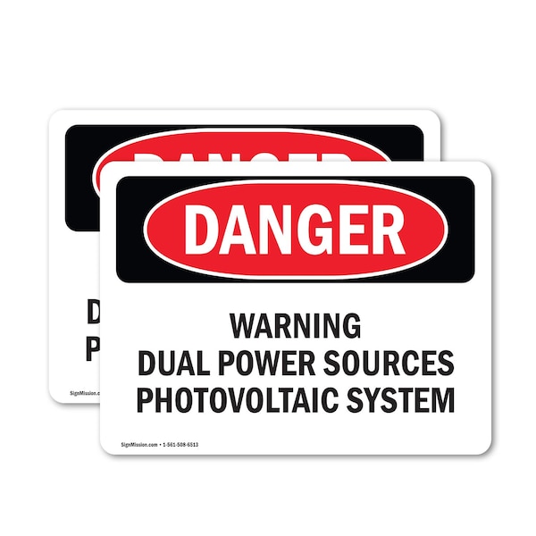 Signmission Warning Dual Power Sources Photovoltaic System Danger Sign, Vinyl Decal, 5in W x 3.5in L, 2PK - OS-2PACK-DS-D-35-L-2304
