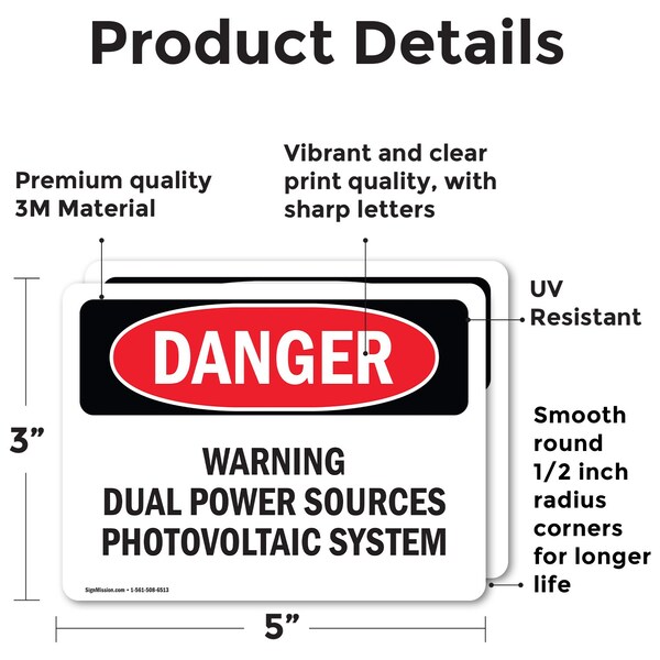 Signmission Warning Dual Power Sources Photovoltaic System Danger Sign, Vinyl Decal, 5in W x 3.5in L, 2PK - OS-2PACK-DS-D-35-L-2304