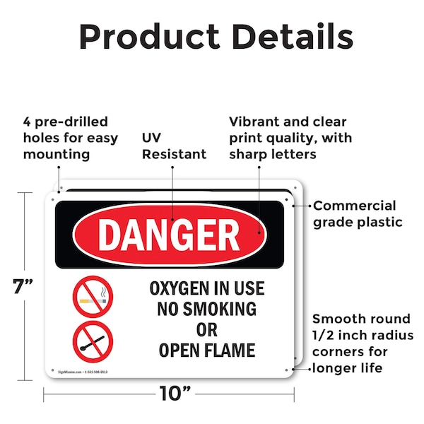Signmission Oxygen In Use No Smoking Or Open Flame Danger Sign, Plastic, 10in W x 7in L, 2PK - OS-2PACK-DS-P-710-L-1514
