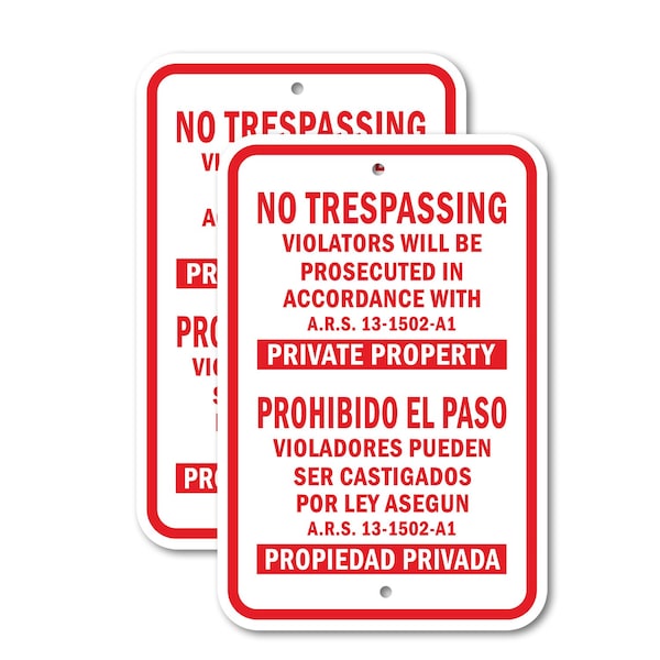 Signmission No Trespassing Violators Will Be Prosecuted In Accordan, 12'' X 18'', Heavy Gauge Aluminum, 2PK - A-1218-2PACK-2783