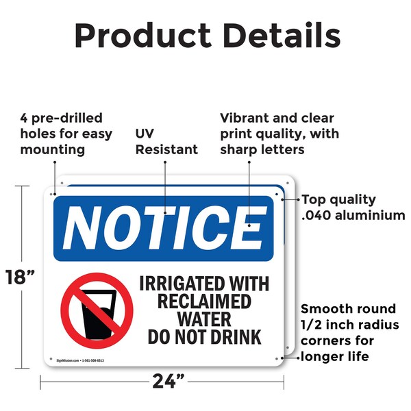 Signmission Irrigated With Reclaimed Water, 24 in W x Rectangle, Aluminum - OS-2PACK-NS-A-1824-L-13724