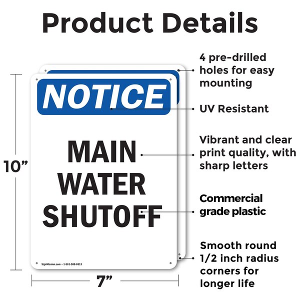 Signmission Main Water Shutoff, 7 in W x Rectangle, Plastic - OS-2PACK-NS-P-710-V-14101