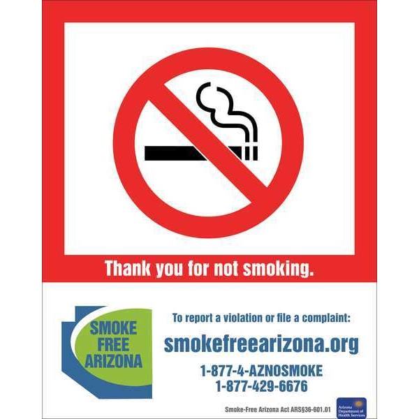 Zing No Smoking Sign, Arizona, 10" H, 7 in W, Plastic, Rectangle, English, 1845S - 1845S