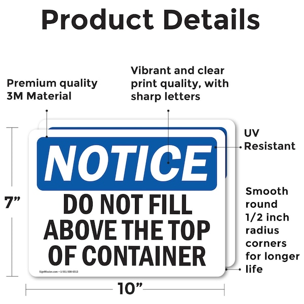 Signmission Do Not Fill Above Top Of Container, 10 in W x Rectangle, Vinyl Decal - OS-2PACK-NS-D-710-L-15455