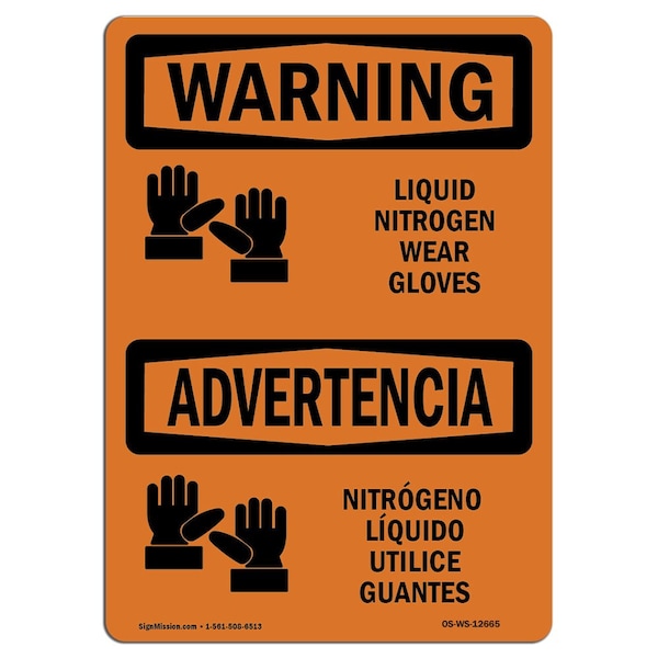 Signmission OSHA WARNING Sign, Liquid Nitrogen Wear Gloves Bilingual, 7in X 5in Decal, 7" W, 5" H, Landscape - OS-WS-D-57-L-12665
