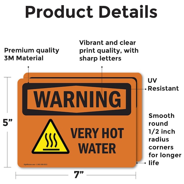 Signmission Hot Surface Sign, 5 in H x 7 in W, Vinyl Decal, Very Hot Water With Symbol - OS-2PACK-WS-D-57-L-12449