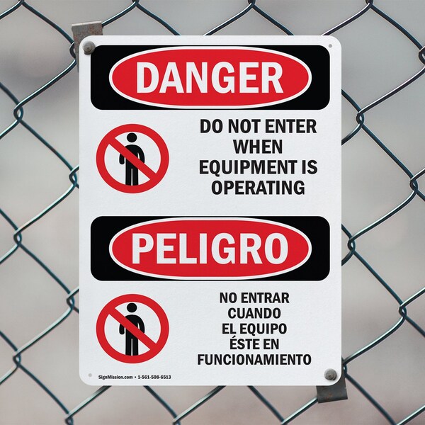 Signmission Do Not Enter When Equipment Is Bilingual Danger Sign, Aluminum, 7in W x 10in L, 2PK - OS-2PACK-DS-A-710-VS-1138
