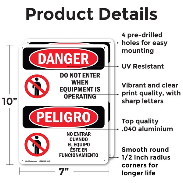 Signmission Do Not Enter When Equipment Is Bilingual Danger Sign, Aluminum, 7in W x 10in L, 2PK - OS-2PACK-DS-A-710-VS-1138