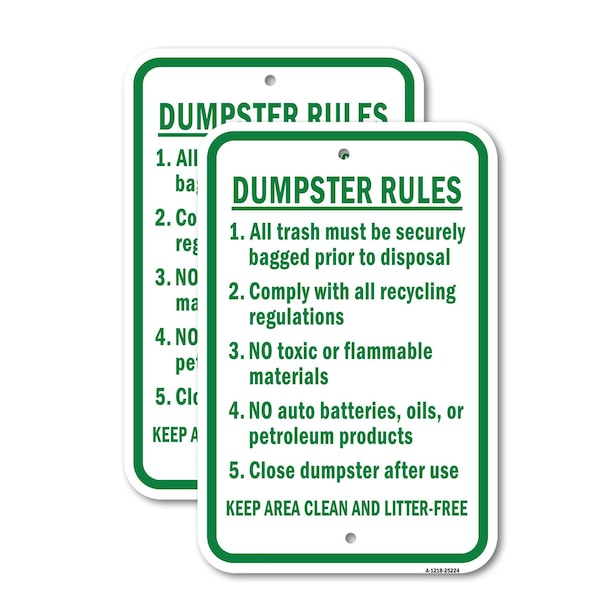 Signmission Dumpster Rules 1. All Trash Must Be Securely Bagge, 18'' X 24'' 2 Signs, Heavy Gauge Aluminum, 2PK - A-1824-2PACK-25224