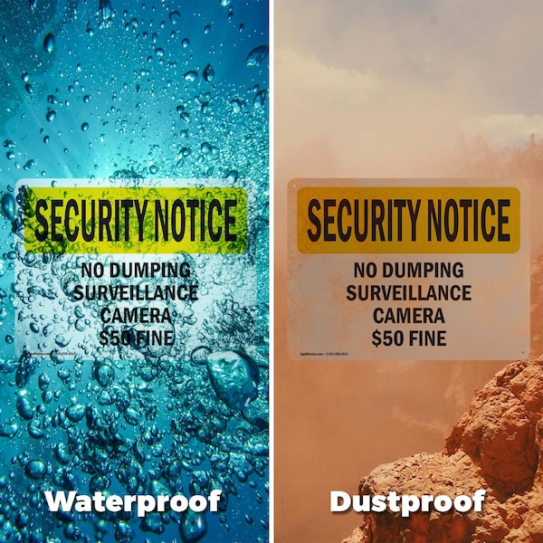 Signmission No Dumping Surveillance Camera $50 Fine OSHA Security Notice Sign, Plastic, 14in W x 10in L, 2PK - OS-2PACK-SN-P-1014-L-11494