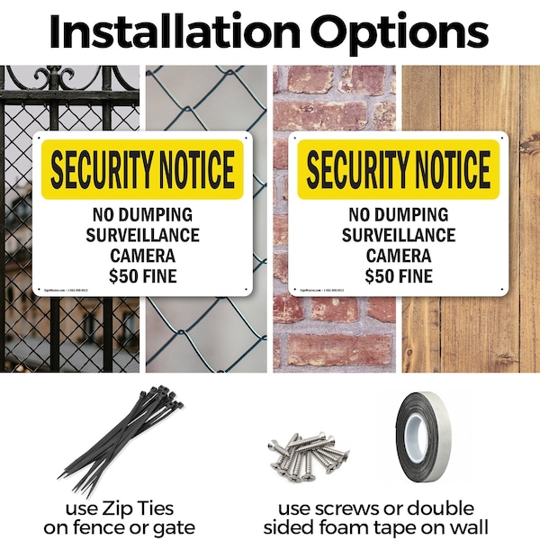 Signmission No Dumping Surveillance Camera $50 Fine OSHA Security Notice Sign, Plastic, 14in W x 10in L, 2PK - OS-2PACK-SN-P-1014-L-11494