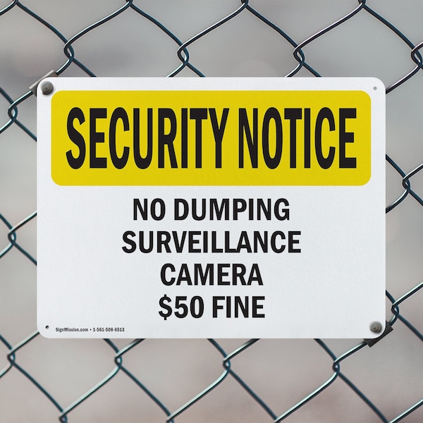 Signmission No Dumping Surveillance Camera $50 Fine OSHA Security Notice Sign, Plastic, 14in W x 10in L, 2PK - OS-2PACK-SN-P-1014-L-11494