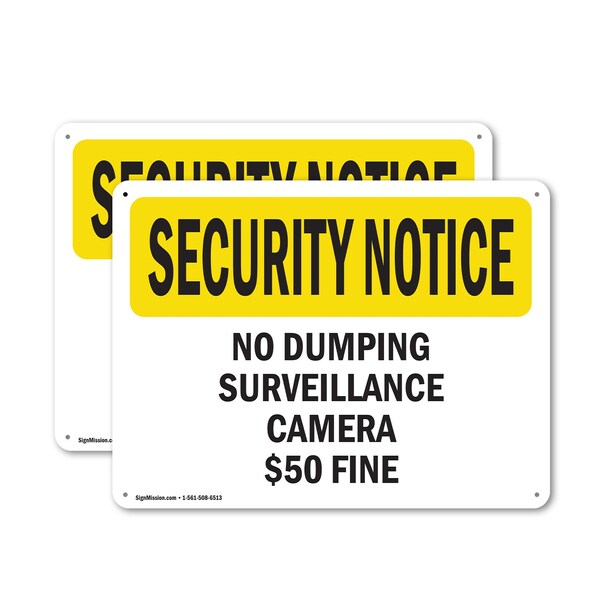 Signmission No Dumping Surveillance Camera $50 Fine OSHA Security Notice Sign, Plastic, 14in W x 10in L, 2PK - OS-2PACK-SN-P-1014-L-11494