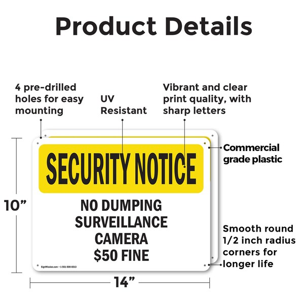 Signmission No Dumping Surveillance Camera $50 Fine OSHA Security Notice Sign, Plastic, 14in W x 10in L, 2PK - OS-2PACK-SN-P-1014-L-11494