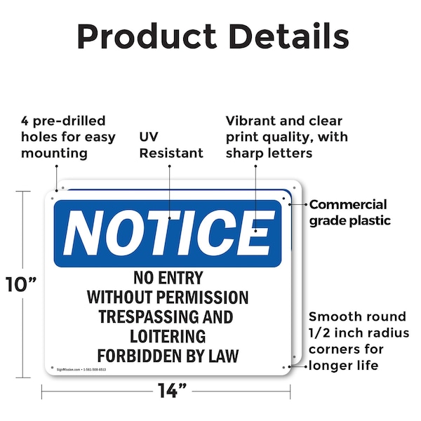 Signmission No Entry Without Permission Trespassing OSHA Notice Sign, Plastic, 14in W x 10in L, 2PK - OS-2PACK-NS-P-1014-L-14524