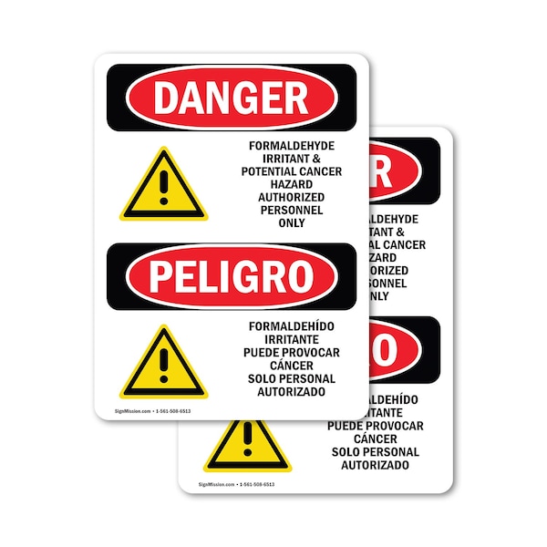 Signmission Formaldehyde Irritant Hazard Bilingual Danger Sign, Vinyl Decal, 5in W x 7in L, 2PK - OS-2PACK-DS-D-57-VS-1266
