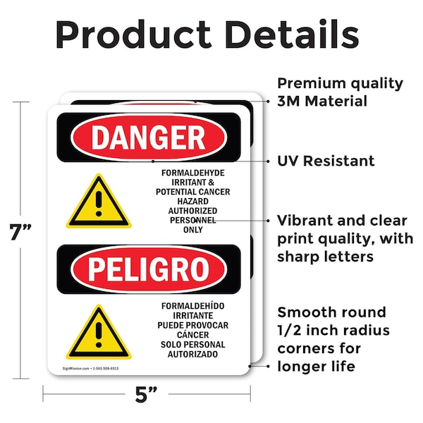 Signmission Formaldehyde Irritant Hazard Bilingual Danger Sign, Vinyl Decal, 5in W x 7in L, 2PK - OS-2PACK-DS-D-57-VS-1266