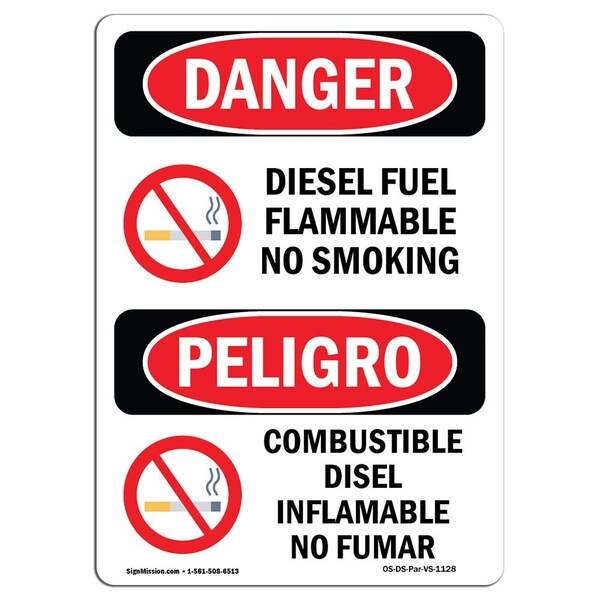 Signmission OSHA, Diesel Fuel Flammable No Smoking Bilingual, 14in X 10in Rigid Plastic, 10" W, 14" L, Spanish - OS-DS-P-1014-VS-1128