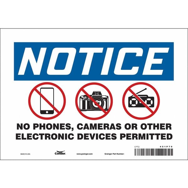 Condor Notice, No Phones, Cameras Or Other Electronic Devices Permitted, 10 in W x 7 in H, Vinyl - 451P70