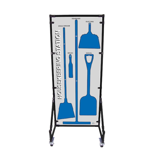 5S Supplies 5S Housekeeping Shadow Board Broom Station Version 5 - Gray Board / Blue Shadows  With Broom - HSB-V5-GRAY/BLUE-KIT