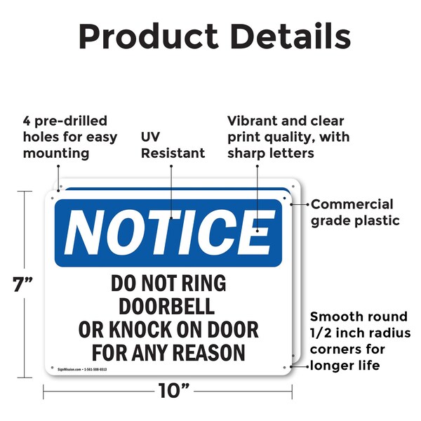 Signmission Do Not Ring Doorbell Or Knock On Door For OSHA Notice Sign, Plastic, 10in W x 7in L, 2PK - OS-2PACK-NS-P-710-L-11355