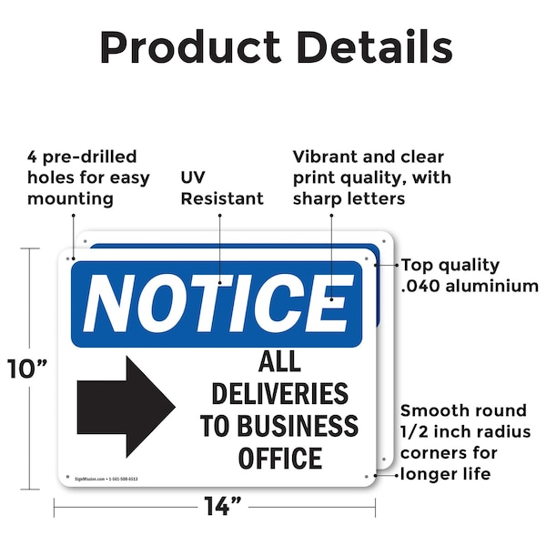 Signmission All Deliveries To Business Office, 14 in W x Rectangle, Aluminum - OS-2PACK-NS-A-1014-L-10095