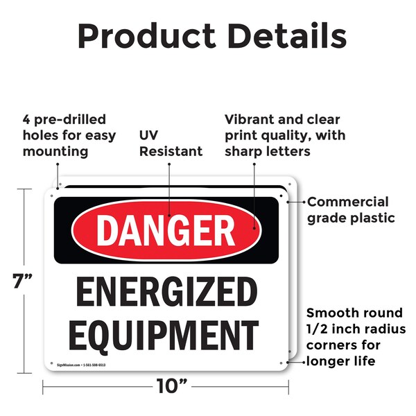 Signmission Energized Equipment Danger Sign, Plastic, 10in W x 7in L, 2PK - OS-2PACK-DS-P-710-L-2283