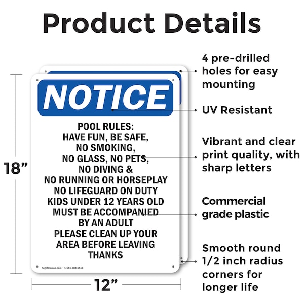 Signmission Pool Rules Have Fun Be Safe, 12 in W x Rectangle, Plastic - OS-2PACK-NS-P-1218-V-17697