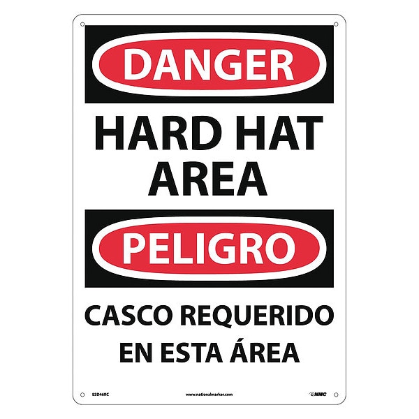 Nmc Danger Hard Hat Area Sign, Bilingual, 20 in Height, Plastic, Rectangle, English, Spanish - ESD46RC