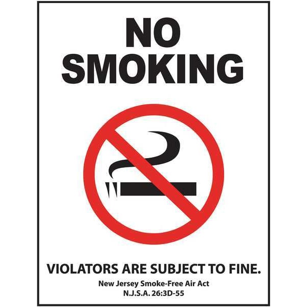 Zing No Smoking Window Decal, New Jersey, 7 in Height, 5 in Width, Plastic, Rectangle, English - 1856D