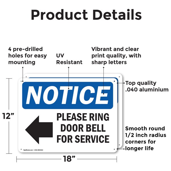 Signmission Please Ring Door Bell For Service, 18 in W x Rectangle, Aluminum - OS-2PACK-NS-A-1218-L-17580