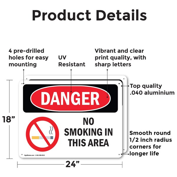 Signmission No Smoking In This Area Danger Sign, Aluminum, 24in W x 18in L, 2PK - OS-2PACK-DS-A-1824-L-1471