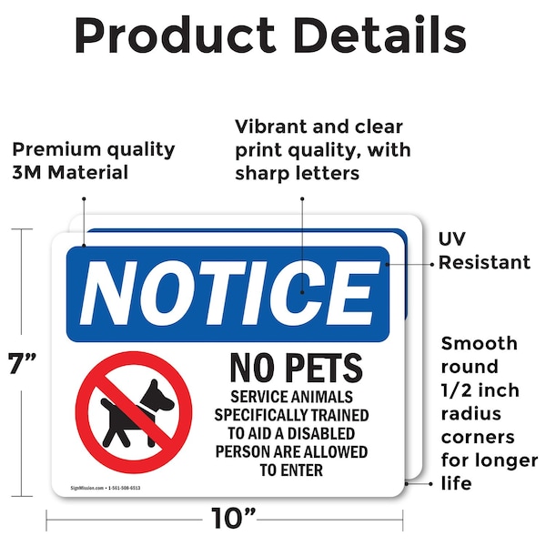 Signmission No Pets Service Animals Allowed, 10 in W x Rectangle, Vinyl Decal - OS-2PACK-NS-D-710-L-16172